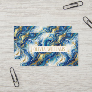Carte De Visite Marbre Bleu Or Luxe Motif Aquarelle Fluide