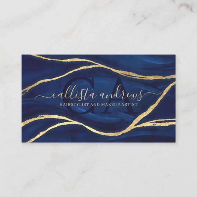 Carte De Visite Marbre Bleu Or Signature Script Maquillage Cheveux (Devant)