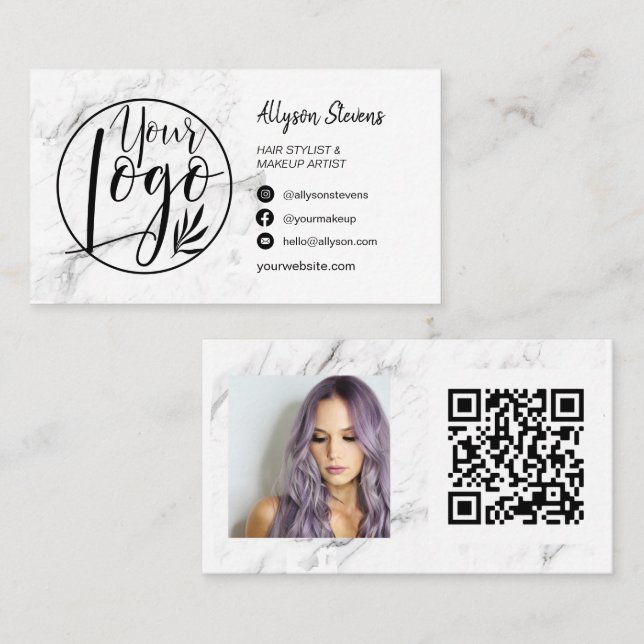 Carte De Visite Marbre brosse cheveux maquillage photo logo qr cod (Devant / Derrière)