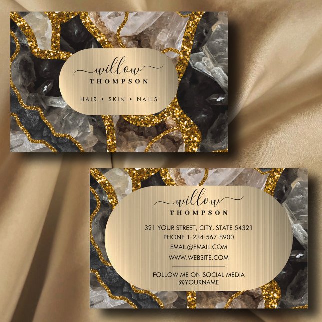 Carte De Visite Marbre de la Parties scintillant de l'Agate Noir & (Black & Gold Agate Geode Glitter Marble Business Card)