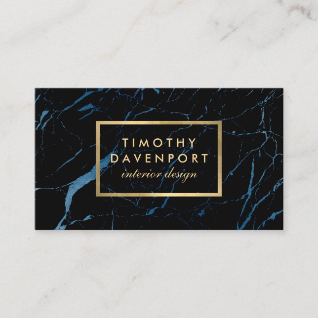 Carte De Visite Marbre noir et bleu avec Faux Gold Text Designer (Devant)