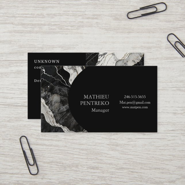 Carte De Visite Marbre noir moderne & Argent Formel personnalisé (Devant/Arrière en situation)