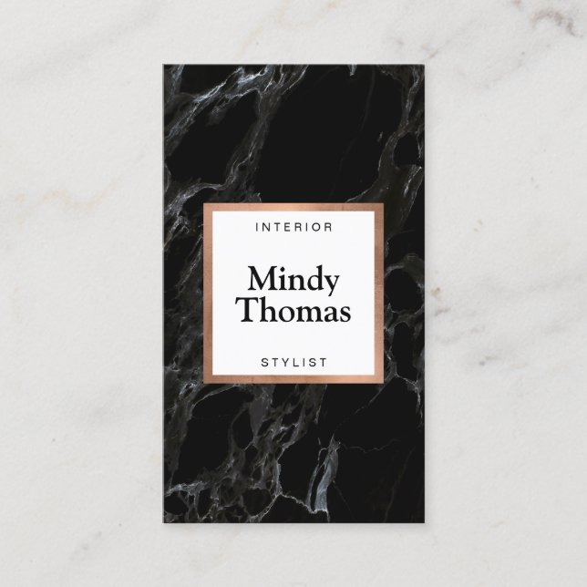 Carte De Visite Marbre noir moderne Faux Rose Gold Frame (Devant)