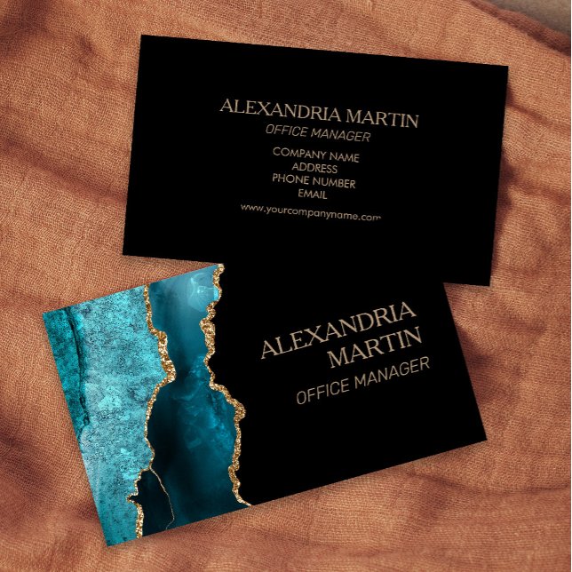 Carte De Visite Marbre Turquoise moderne en or noir Parties scinti (Teal, black, and gold marble business card )