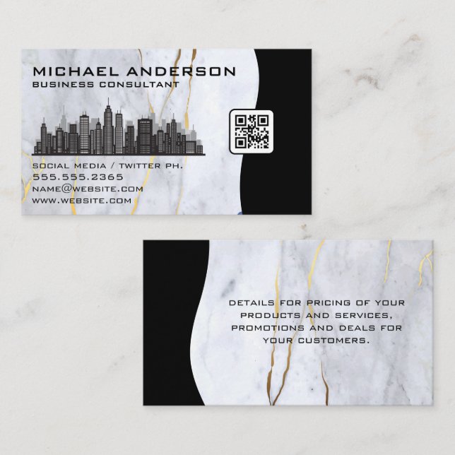 Carte De Visite Marbre | Ville Skyline | Code QR (Devant / Derrière)