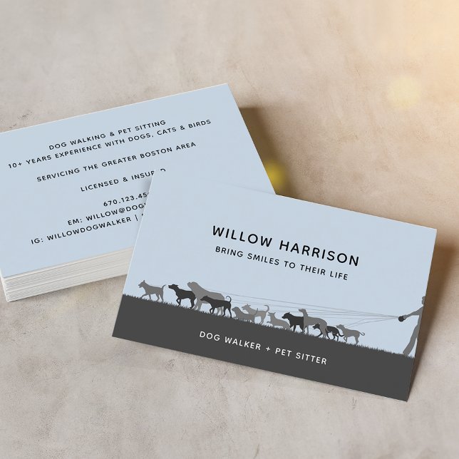 Carte De Visite Marche de Chien Silhouette moderne (Modern Silhouette Dog Walking Dusty Blue Business Card)