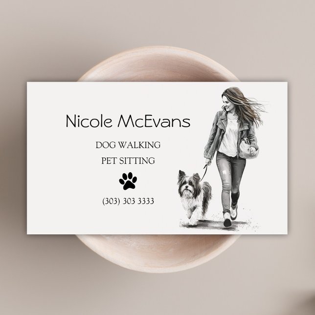 Carte De Visite Marcheur de chien pour animaux de compagnie noir e (Pet Sitter Dog Walker Watercolor Business Card)