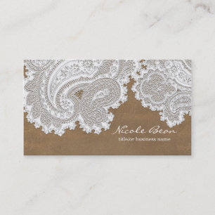 Carte De Visite Mariage Élégant Chic Rustique Brun & Dentelle Blan