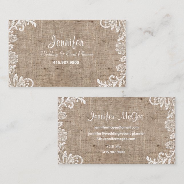 Carte De Visite Mariage & Planificateur d'événements/Burlap & Lace (Devant / Derrière)
