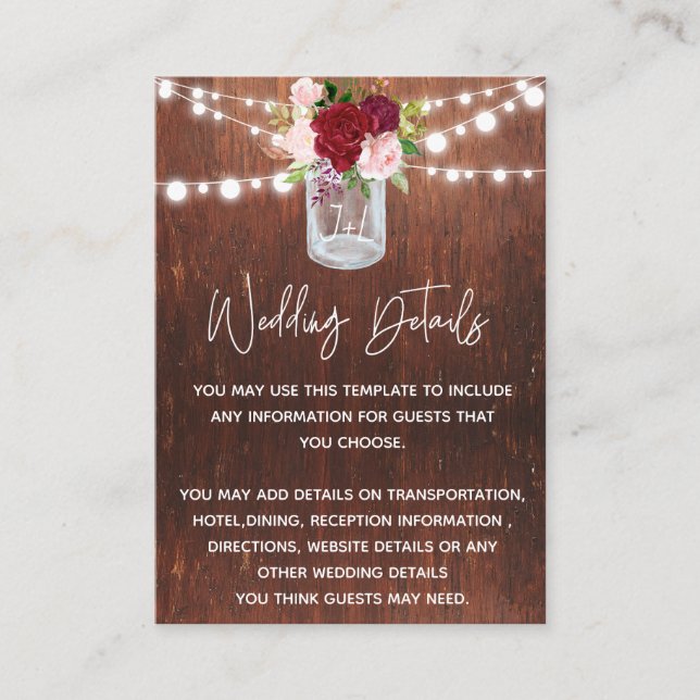 Carte De Visite Mariage Wood Mason Jar Bourgogne Détails Budget (Devant)