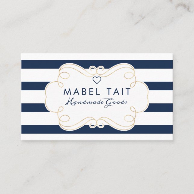 Carte De Visite Marine Bleu Bande Motif & Elegant Crest (Devant)