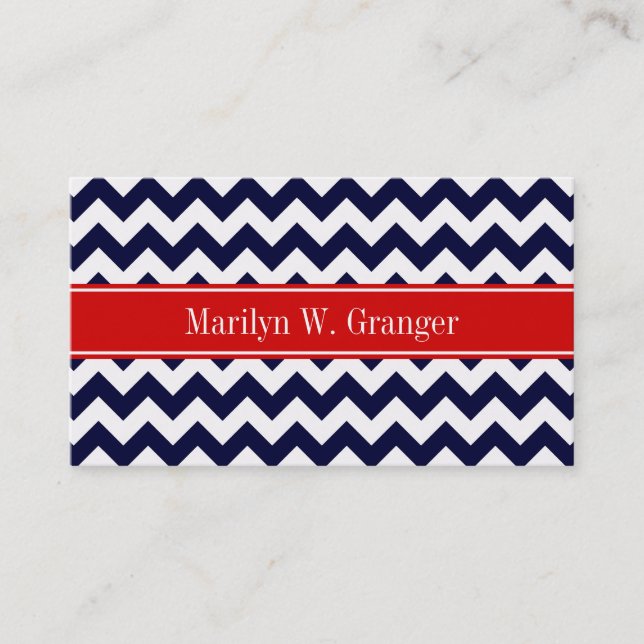 Carte De Visite Marine Bleu Blanc Chevron Zig Zag Rouge Nom Monogr (Devant)