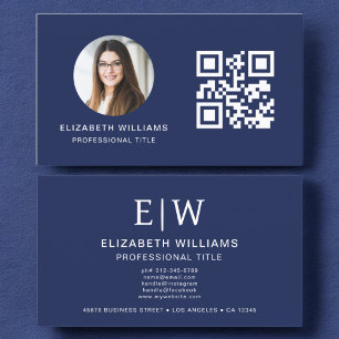 Carte De Visite Marine Bleu QR Code photo Monogramme minimaliste