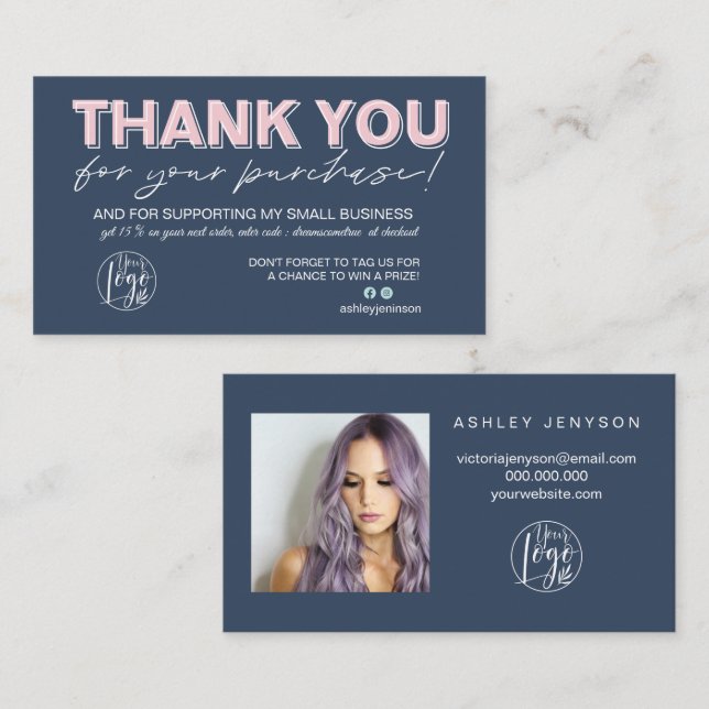 Carte De Visite Marine bleu rose script photo logo commander merci (Devant / Derrière)