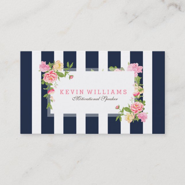 Carte De Visite Marine Bleu Stripes & Roses d'aquarelle rose (Devant)