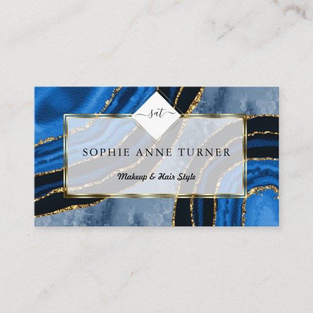 Carte De Visite Marine Blue Agate Gold Initiales Logo Maquillage A (Devant)