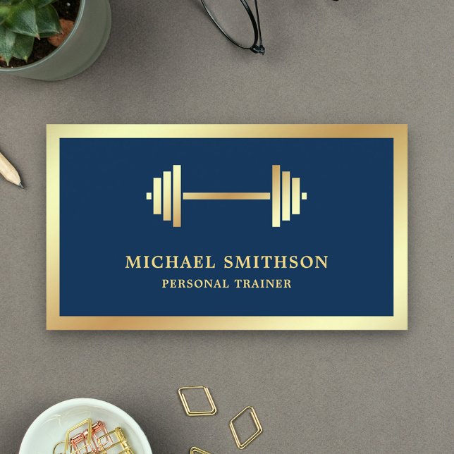 Carte De Visite Marine Blue Gold Dumbbell Fitness Entraîneur perso (Créateur téléchargé)