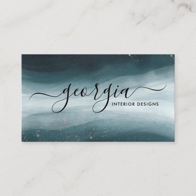 Carte De Visite Marine Blue & Gold Watercolor Ocean Wave | Signatu (Devant)