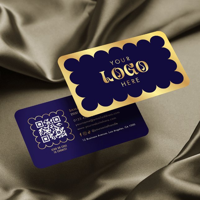Carte De Visite Marine & Gold QR Code élégant salon professionnel  (Créateur téléchargé)
