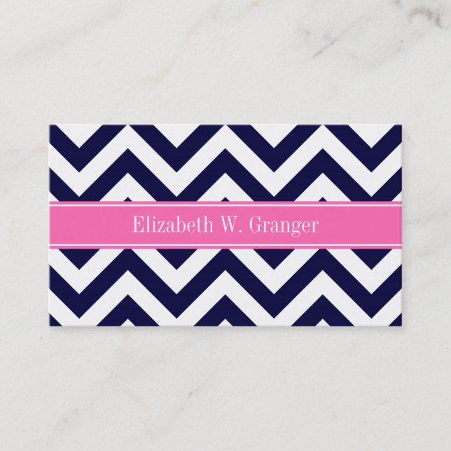 Carte De Visite Marine Lg Chevron HotPink2 Quatrefoil Nom Monogram (Devant)