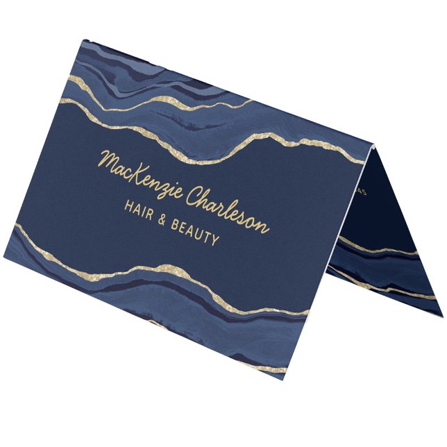 Carte De Visite Marine Marbre bleu Agate Géode or Parties scintill (Navy blue marble agate geode gold custom text folded business card)