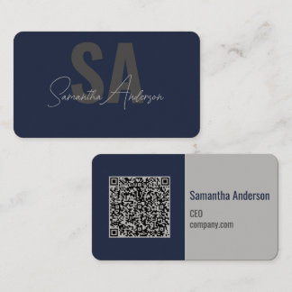 Carte De Visite Marine moderne bleu & argent avec code QR |