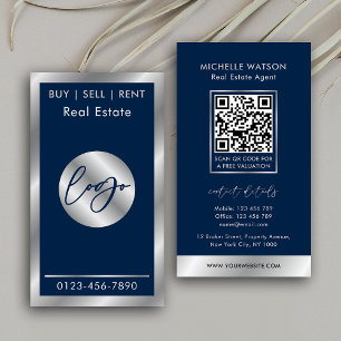 Carte De Visite Marine & Silver Logo Elegant Immobilier Code QR