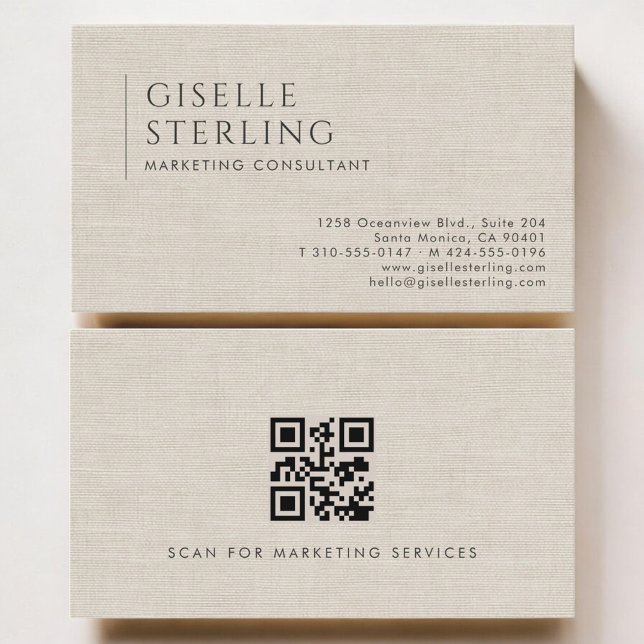 Carte De Visite Marketing Consultant Luxury Neutral Linen QR Code (Créateur téléchargé)