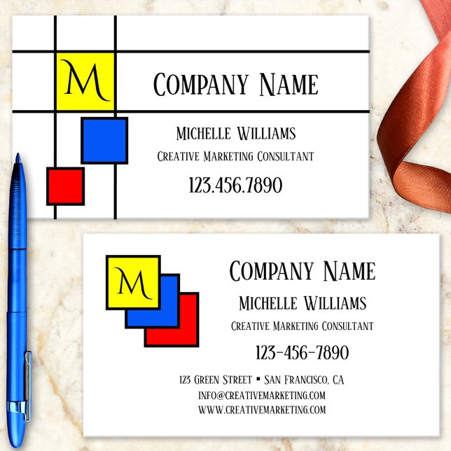 Carte de visite marketing des couleurs primaires M (Business card featuring a Mondrian inspired design in primary colors)