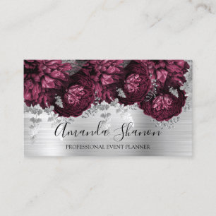 Carte De Visite Marsala Peony Flowers Silver Logo Planificateur d'