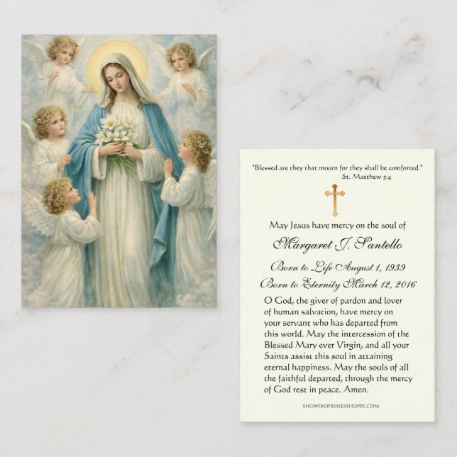 Carte De Visite Mary Angels Catholic Funeral Memorial Holy Card - (Devant / Derrière)