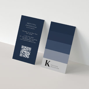 Carte De Visite Masculine Marine Blue Ombre Classic Monogramme QR 