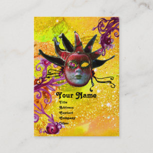 Carte De Visite MASQUE JESTER ROUGE NOIR Masquerade Party Jaune or