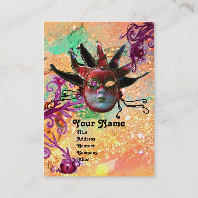 Carte De Visite MASQUE JESTER ROUGE NOIR Masquerade Party Rose Ver (Devant)