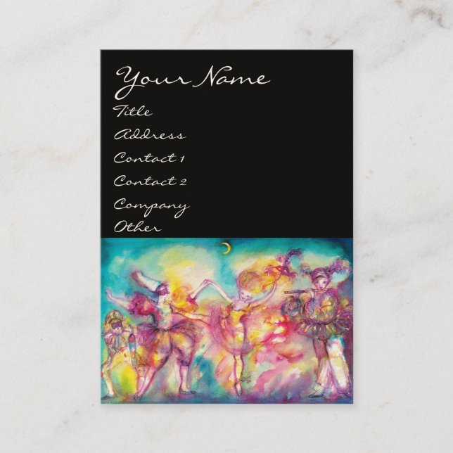 Carte De Visite MASQUÉRADE, DANSE, MUSIQUE noir, jaune rose bleu (Devant)