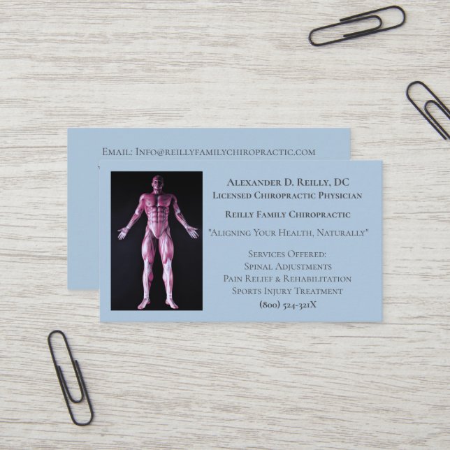 Carte De Visite Massage bleu Thérapie Chiropratique Docteur (Devant/Arrière en situation)