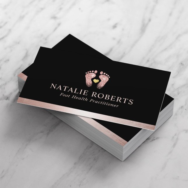 Carte De Visite Massage de pied Thérapiste Podiatre Rose Gold Noir (Créateur téléchargé)