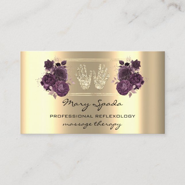 Carte De Visite Massage Réflexologie Reiki Main Faux Or QR Purple (Devant)
