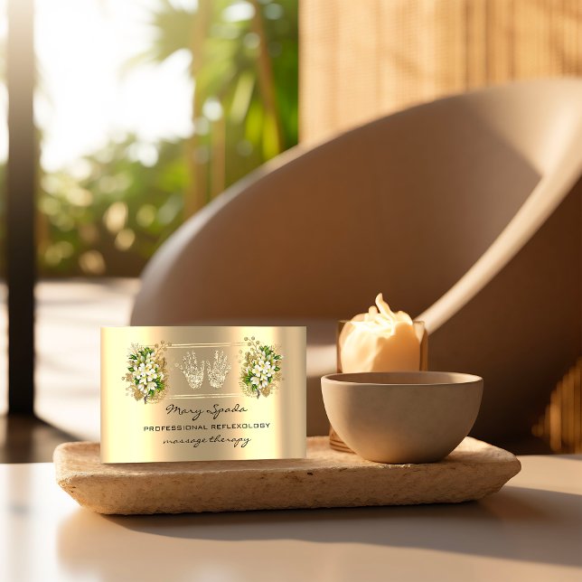 Carte De Visite Massage Réflexologie Reiki Mains Faux Gold QR Code (Massage Reflexology Reiki Hands Faux Gold QR Code Business Card)