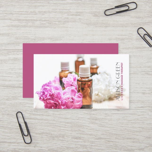 Carte De Visite Massage Thérapie Aromathérapie à l'huile essentiel (Devant/Arrière en situation)