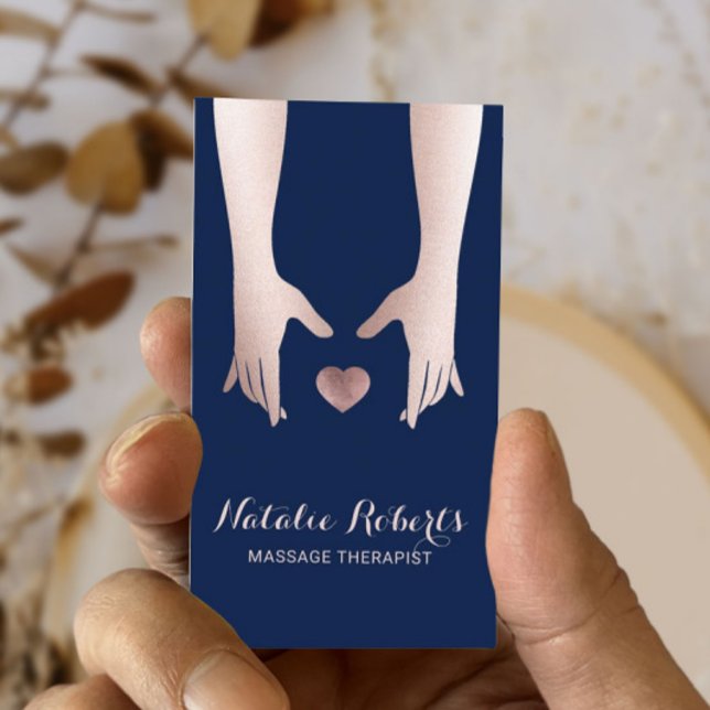 Carte De Visite Massage Thérapie Guérison Mains et Coeur Bleu Mari (Créateur téléchargé)