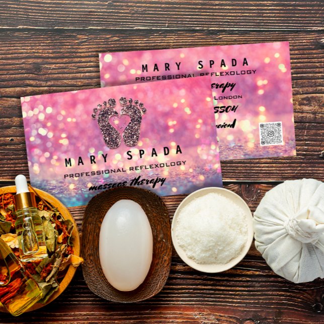 Carte De Visite Massage Thérapie Réflexologie Pieds Rose rose QRCo (Massage Therapy Reflexology Feet Rose Pink QRCode Business Card)