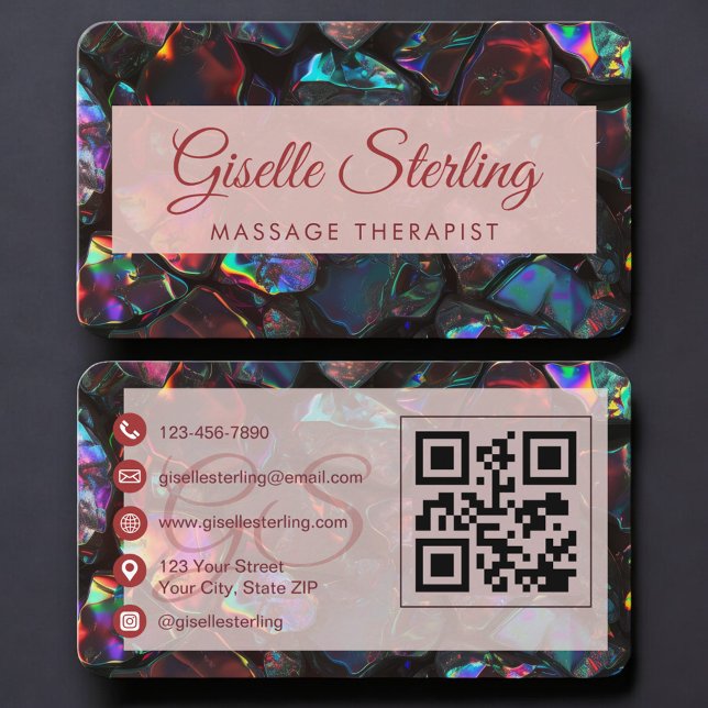 Carte De Visite Massage Therapist Black Opal QR Code (Créateur téléchargé)