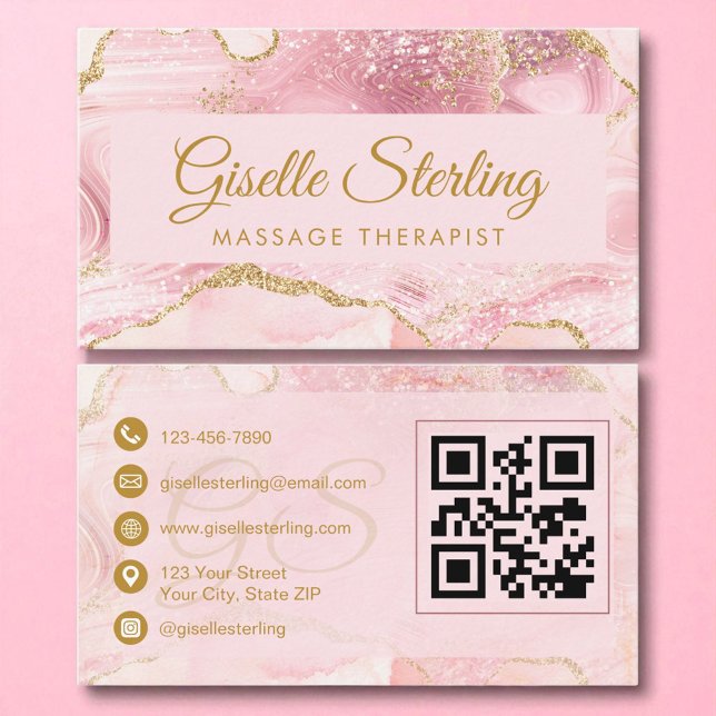 Carte De Visite Massage Thérapiste Blush Pink Or Agate QR Code (Créateur téléchargé)