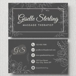 Carte De Visite Massage Thérapiste Moody Charcoal Grey Floral