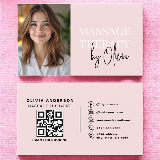 Carte De Visite Massage Thérapiste QR Code Blush Pink Photo (Créateur téléchargé)