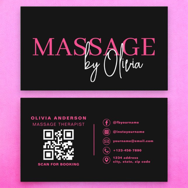 Carte De Visite Massage Thérapiste QR Code rose chaud (Créateur téléchargé)