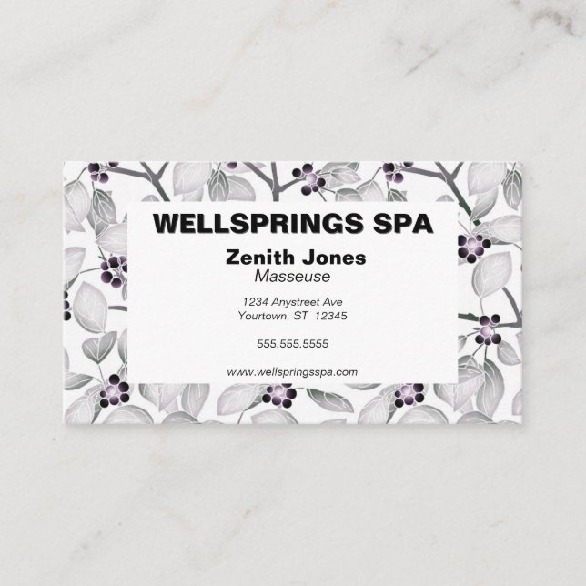 Carte De Visite Masseuse Spa Monochrome brindilles et baies (Devant)