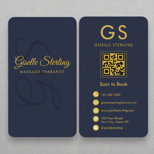 Carte De Visite Massothérapeute Monogram Marine Blue Gold QR Code