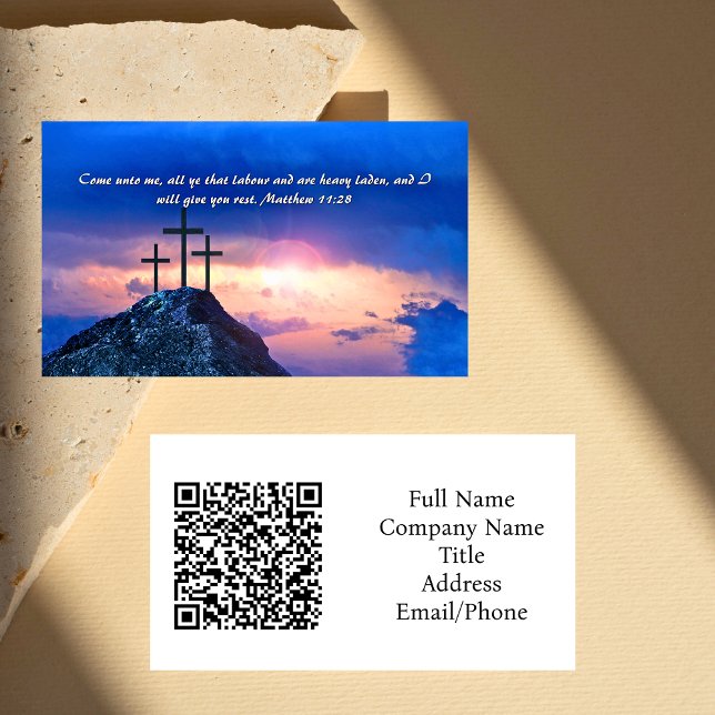 Carte De Visite Matthieu 11:28 Trois croix Sunset QR code (Matthew 11:28 Three Crosses Sunset QR code Business Card)